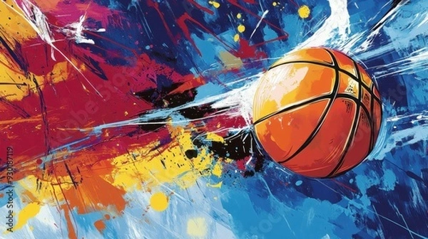 Fototapeta A vibrant illustration of a basketball in motion against a colorful abstract background.