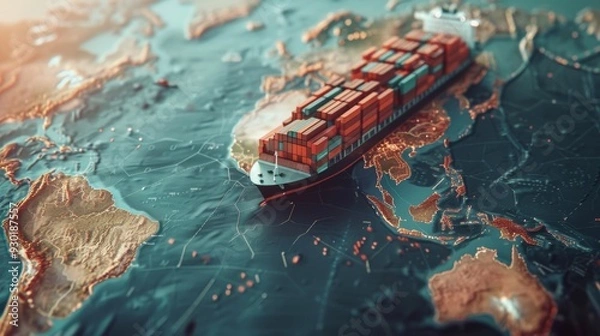 Obraz Container cargo ship in import-export logistics business on digital world map, 3D rendering.