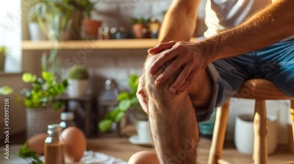 Fototapeta close-up of a young man holding his knee in pain at home, with a focus on natural skin texture and the use of daily stem cell treatment methods like eggs and olive oil, in a warm