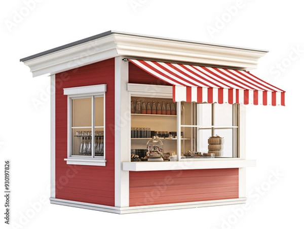 Fototapeta a small red and white building with a striped awning