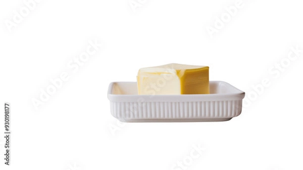 Fototapeta  A block of butter sits in a white ceramic dish_Transparent background PNG