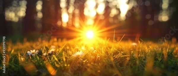 Fototapeta  The sun brightly shines through trees over a field of grass and daisies