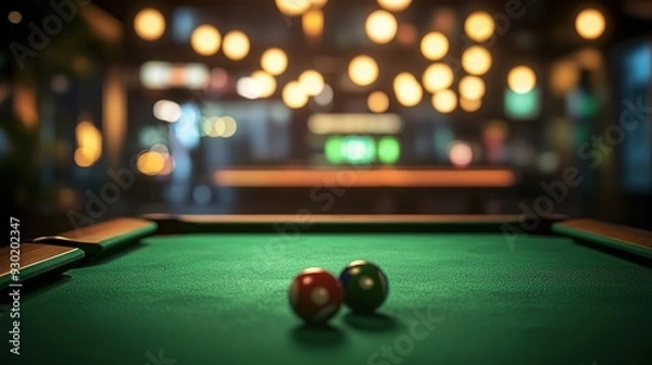 Fototapeta Vintage Billiards at a Casino Night, Soft Focus Pool Table with Bokeh Effect, High Resolution Realistic Green Felt and Blurred Lights.