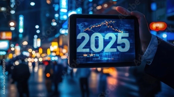 Fototapeta The 2025 New Year business goals concept. Businessman analyzes graph of trend market growth in 2025 and plans business growth and profit increases. calculates financial data for long-term investments.
