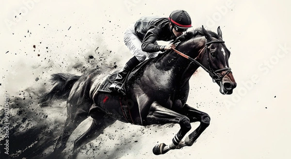 Obraz "A Racehorse with a Jockey in Motion Against a Windy Background, Featuring a Black and White Color Scheme, Capturing the Excitement and Speed of Horse Racing"
