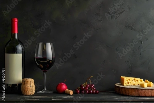 Fototapeta A rustic still life of red wine, cheese, and grapes on a wooden table with a textured gray backdrop