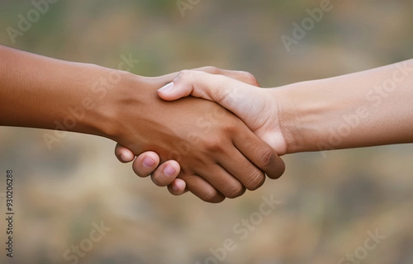 Fototapeta Close-up of a handshake between two people with different skin tones
