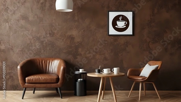 Fototapeta A minimalist coffee shop interior with brown leather chairs, a wooden table, and a picture of a coffee cup on the wall.