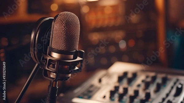 Fototapeta Professional microphone and headphones at the radio station, entertainment and communication concept
