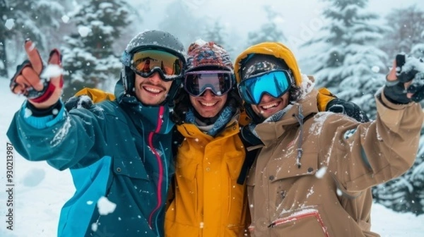 Fototapeta Three friends enjoy a snow-filled day on the slopes, smiling and posing together in their colorful ski gear