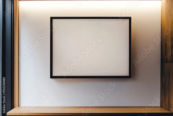 Fototapeta A close-up shot of an empty black frame on the wall, framed by a wooden shelf and against a white background, offers space for text or images. The picture is taken from above.