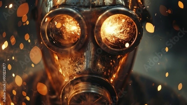 Fototapeta Welder's mask lit by bright sparks (focus on, safety in action, whimsical, Multilayer, Steel workshop)