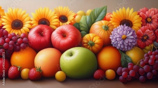 Fototapeta A painting of a group of fruit and flowers on the table, AI