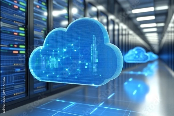 Obraz Digital cloud icon floating in a high tech server room symbolizing the integration of cloud computing in modern data management systems