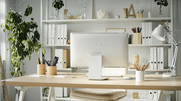 Fototapeta Modern home office setup with a computer, plants, and organized shelves in a bright, minimalistic workspace.