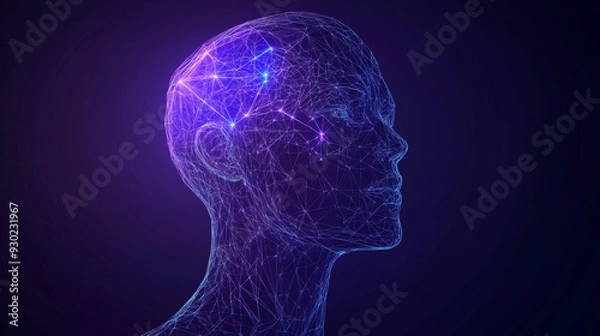 Fototapeta An artificial intelligence in humanoid head vector in wireframe low poly style. AI with Digital Brain, big data, analysis information. Face of cyber mind. Modern technology background concept