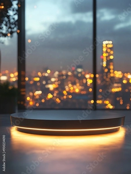 Fototapeta 3D rendering of a podium product displayed at night, with city lights in the background creating a dynamic ambiance, and focused light on the product. copy space , ai