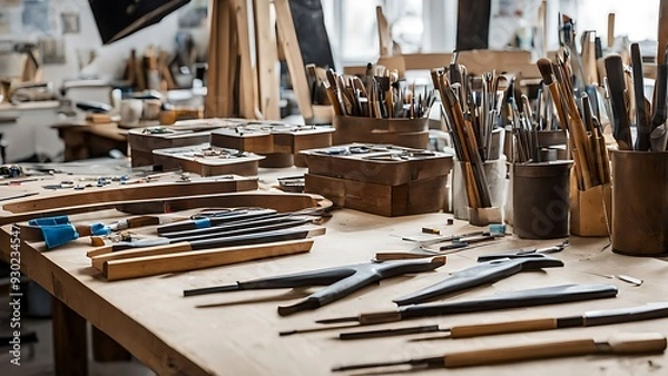 Fototapeta Craftsman's Workshop Tools and Materials for Artistic Creation