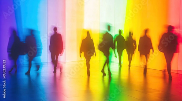 Obraz People walking in a rainbow-colored office space with motion blur effect