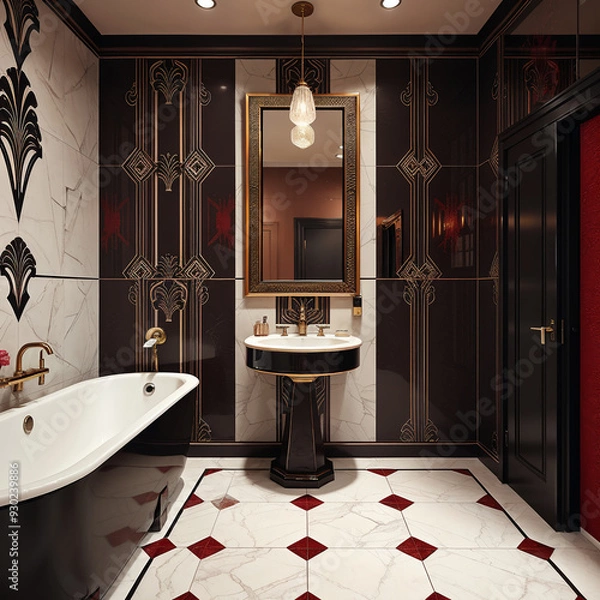 Fototapeta Art Deco styled luxury bathroom with elegant fixtures and marble tiles