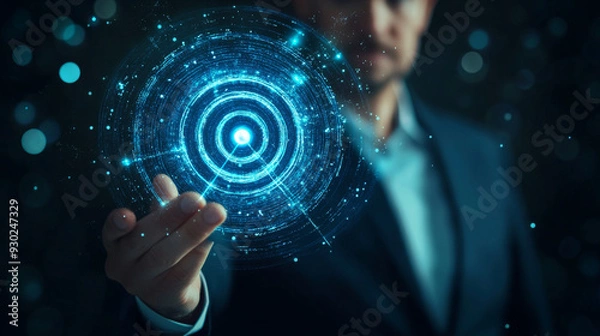 Fototapeta Businessman gesturing to protect a virtual blue dartboard with an arrow. Represents business achievement and objective target concepts.