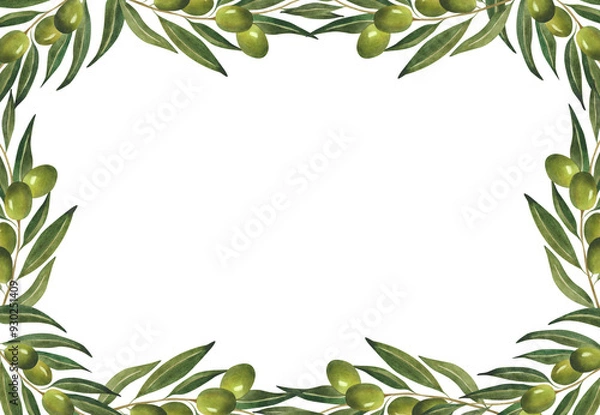 Fototapeta Watercolor frame with green olive branches Floral background framework template poster postcard olive oil design Italian cafe restaurant decoration certificate wrapping paper Botanical border Natural