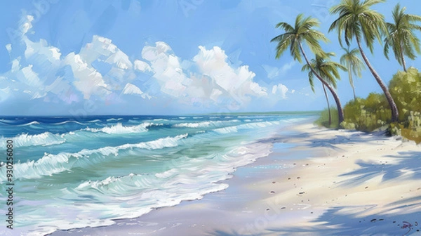 Fototapeta Tranquil beach scene with gentle waves, soft sand, and palm trees swaying in the breeze