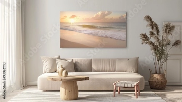 Fototapeta Golden hues of sunset reflect on calm waves, creating a peaceful atmosphere in a modern living room with natural decor