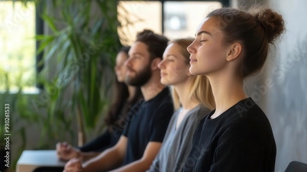 Fototapeta Colleagues sharing a moment of silence before a big project, zen in chaos, team mindfulness