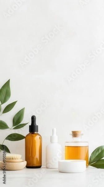 Obraz A minimalist bathroom counter with a selection of plant-based skincare products, such as oils, creams, and serums, arranged aesthetically alongside fresh leaves and herbs