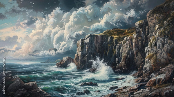 Fototapeta Rocky coastline with dramatic cliffs and crashing waves under a cloudy sky