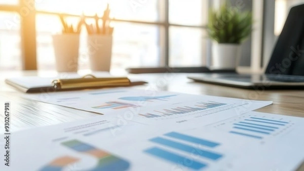 Fototapeta Office desk with charts, graphs, and financial reports, investment growth, business success