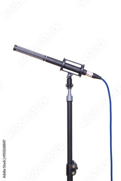 Fototapeta A professional-grade shotgun microphone on a isolated white background, a high-quality audio recording device.