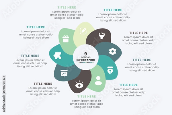 Obraz Business Circle chart infographic template design. Timeline concept with 9 steps. Can be used for presentations, workflow layout, diagram, banner, web design, Vector illustration.
