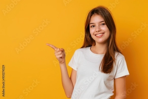 Obraz Young woman smiling, pointing to the side, isolated on yellow background with copy space.
