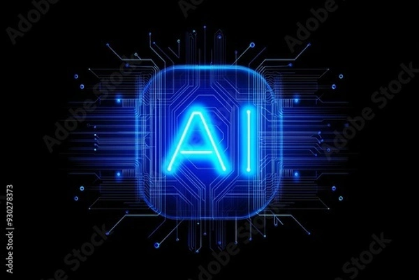 Fototapeta An AI is displayed on a blue background with large, bold letters. The AI is designed with digital patterns and lines that resemble stock illustrations