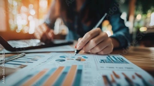 Fototapeta Analysis working with the latest financial results. of sales forecast graphs, financial accounting with hand writing Abstract digital effect for background