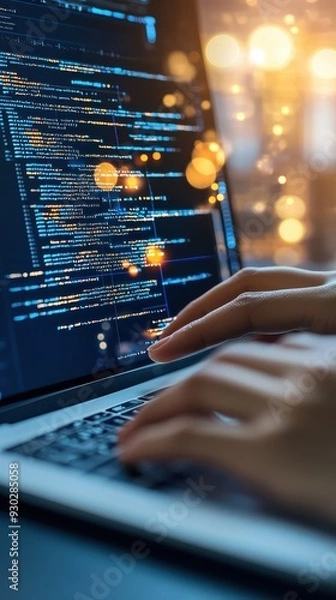 Obraz A close-up of hands typing on a laptop with a coding interface, representing technology and innovation