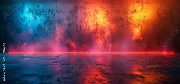Fototapeta abstract background with neon blue and orange light on dark concrete wall in empty room with floor reflection