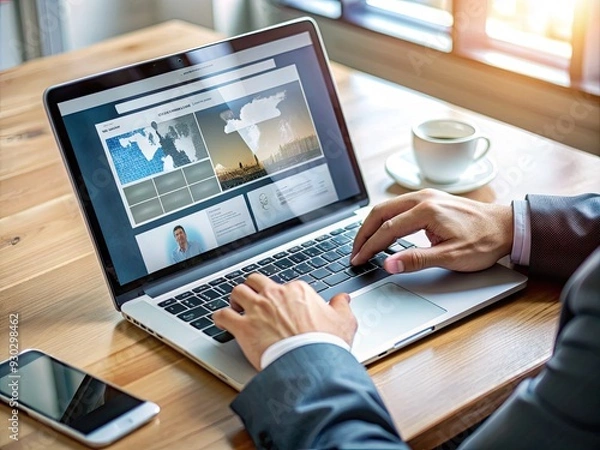Fototapeta A professional's hands point to a laptop screen displaying a website, symbolizing online data search, technology, and optimization, highlighting modern work and business practices.