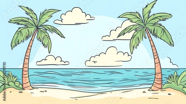 Fototapeta A cartoon beach scene with palm trees and clouds.
