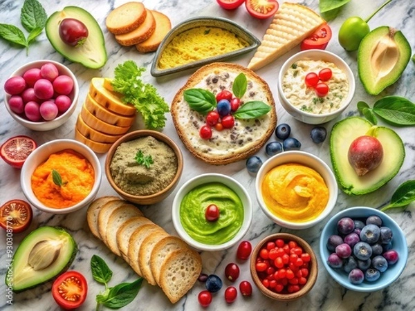 Fototapeta Assorted colorful salad spreads, including hummus and avocado, arranged on a marble table alongside fresh fruits and toasted bread for a healthy morning breakfast.