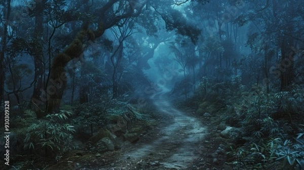 Fototapeta Misty forest path winding through dense greenery at dusk