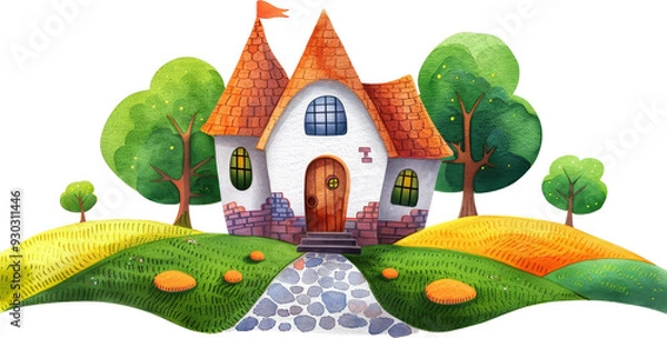 Fototapeta watercolor illustration of a cute cartoon halloween house with trees and a path on white background for kids design.