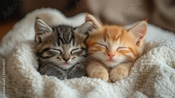 Fototapeta Two kittens cuddling on a soft white blanket, closeup, warm natural light, cozy and tender atmosphere
