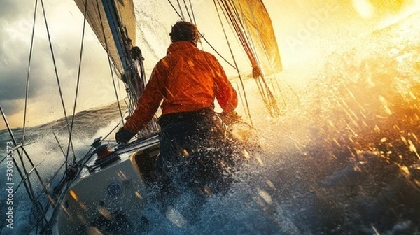 Obraz A sailor on a sailboat cuts through rough waters. This photo captures the intensity and excitement of a sailing race, showcasing the thrill and adventure of navigating a challenging course.