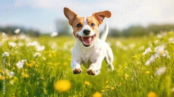 Fototapeta A Happy Dog Leaping Through a Field of Flowers