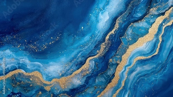 Fototapeta Abstract ocean- ART. Natural Luxury. Style incorporates the swirls of marble or the ripples of agate. Very beautiful blue paint with the addition of gold powder , ai