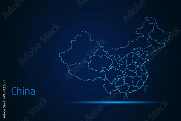 Fototapeta Abstract High Detailed Glow Blue Map on Dark Background of Map of China symbol for your web site design map logo, app, Travel. Vector illustration eps 10.	
