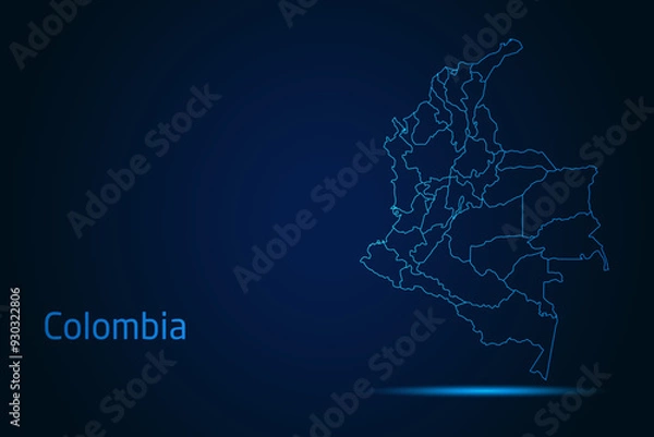 Fototapeta Abstract High Detailed Glow Blue Map on Dark Background of Map of Colombia symbol for your web site design map logo, app, Travel. Vector illustration eps 10.	
